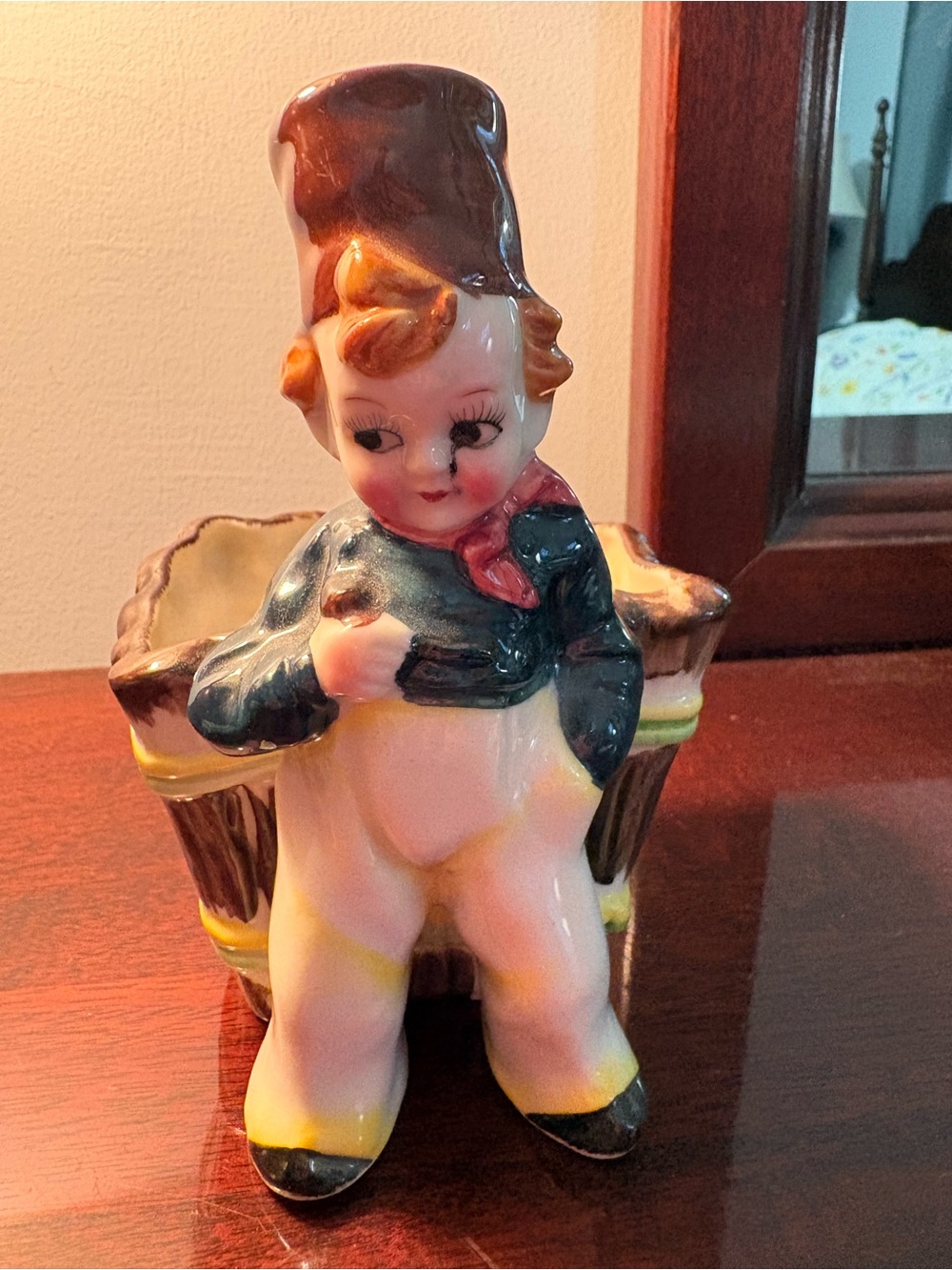 Vintage Ceramic Boy Planter in White, Green, Brown